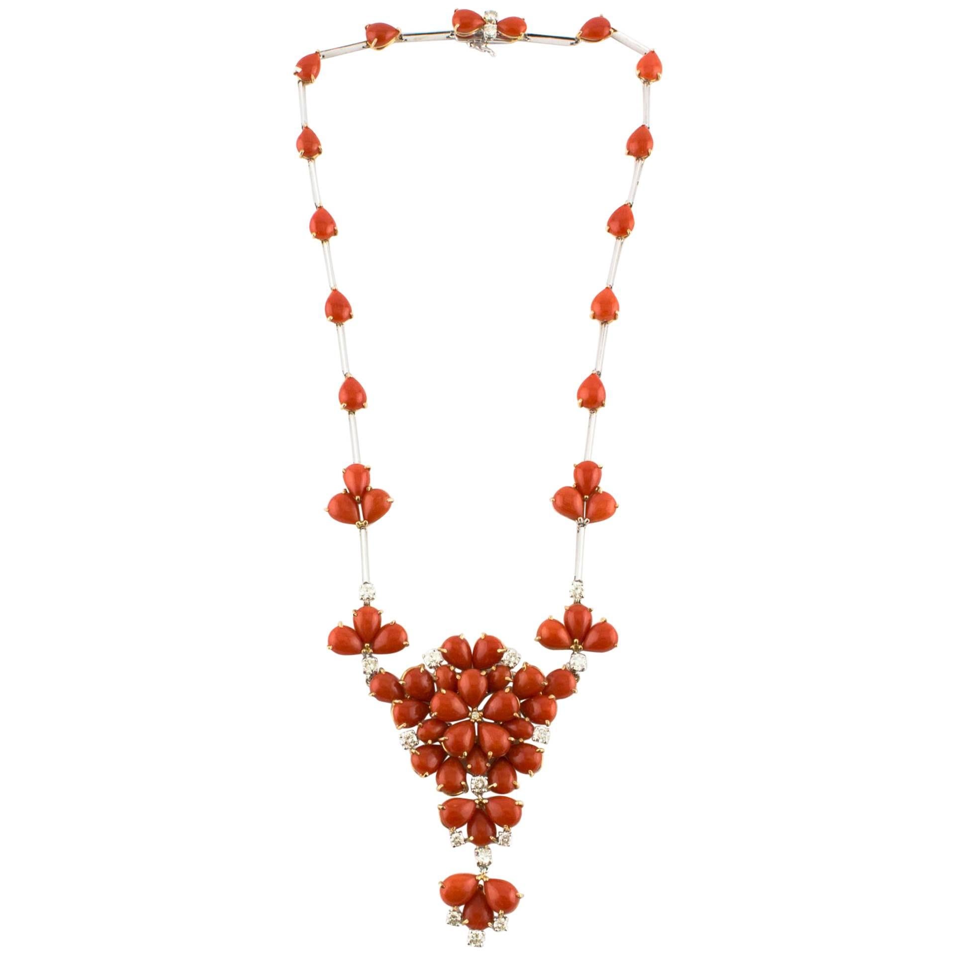 Red Coral Drops, Diamonds, Rose Gold Fashion Design Necklace