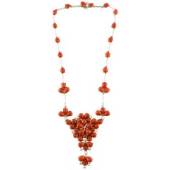 Retro Red Coral Drops, Diamonds, Rose Gold Fashion Design Necklace