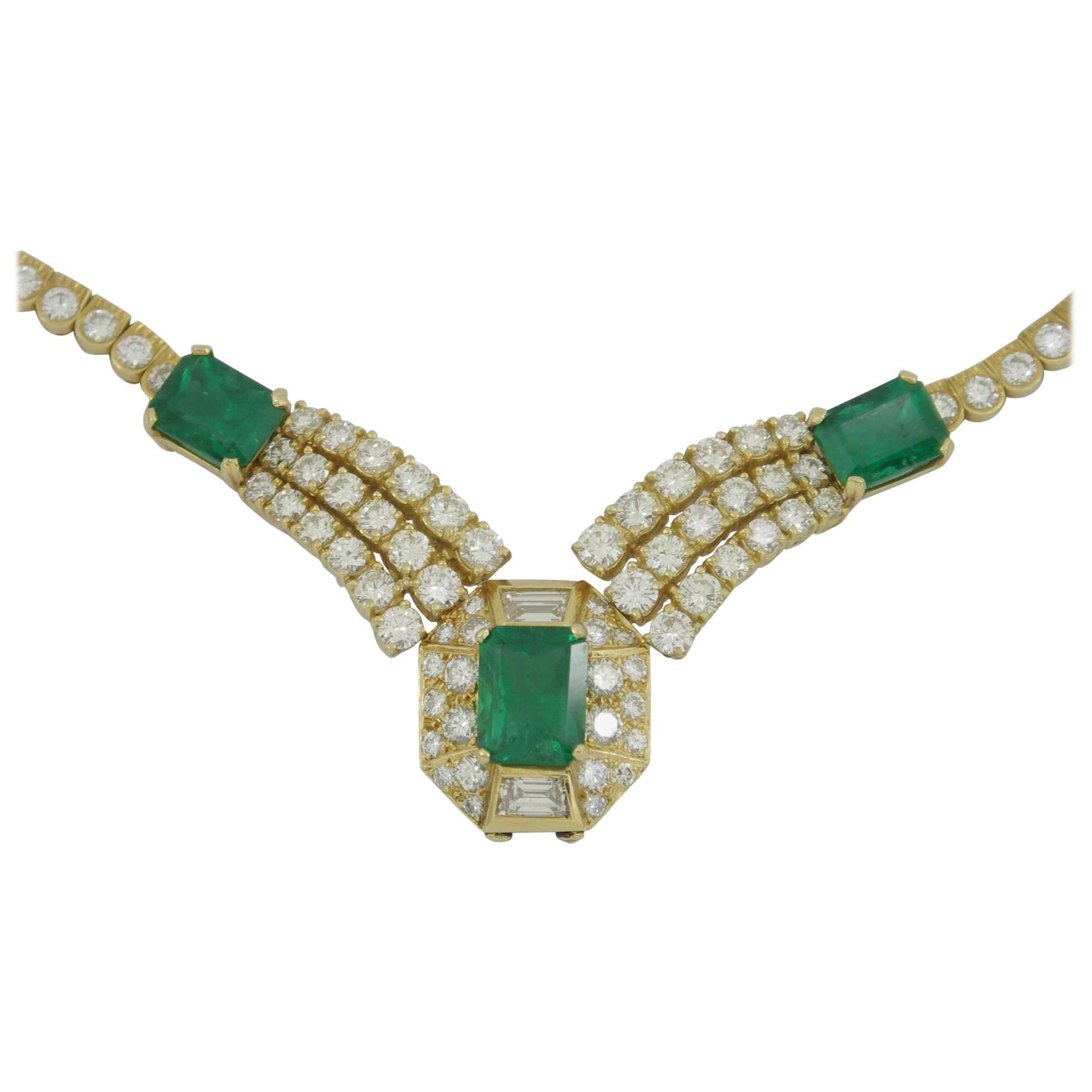 Round Brilliant Cut and Baguette Cut Diamond Certified Zambian Emerald Necklace