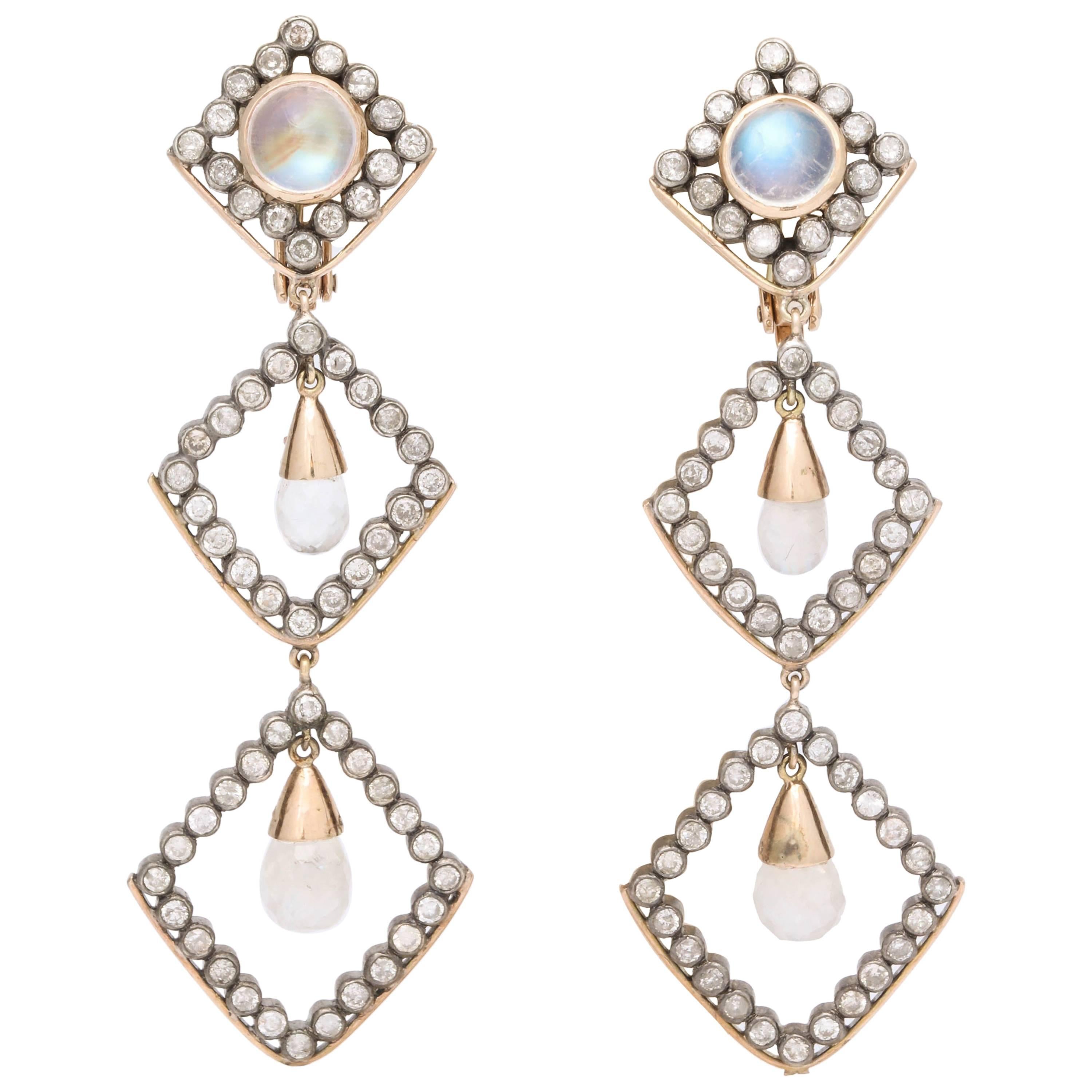 1960s Moonstone Diamonds Triangular Shape Dangle Earrings