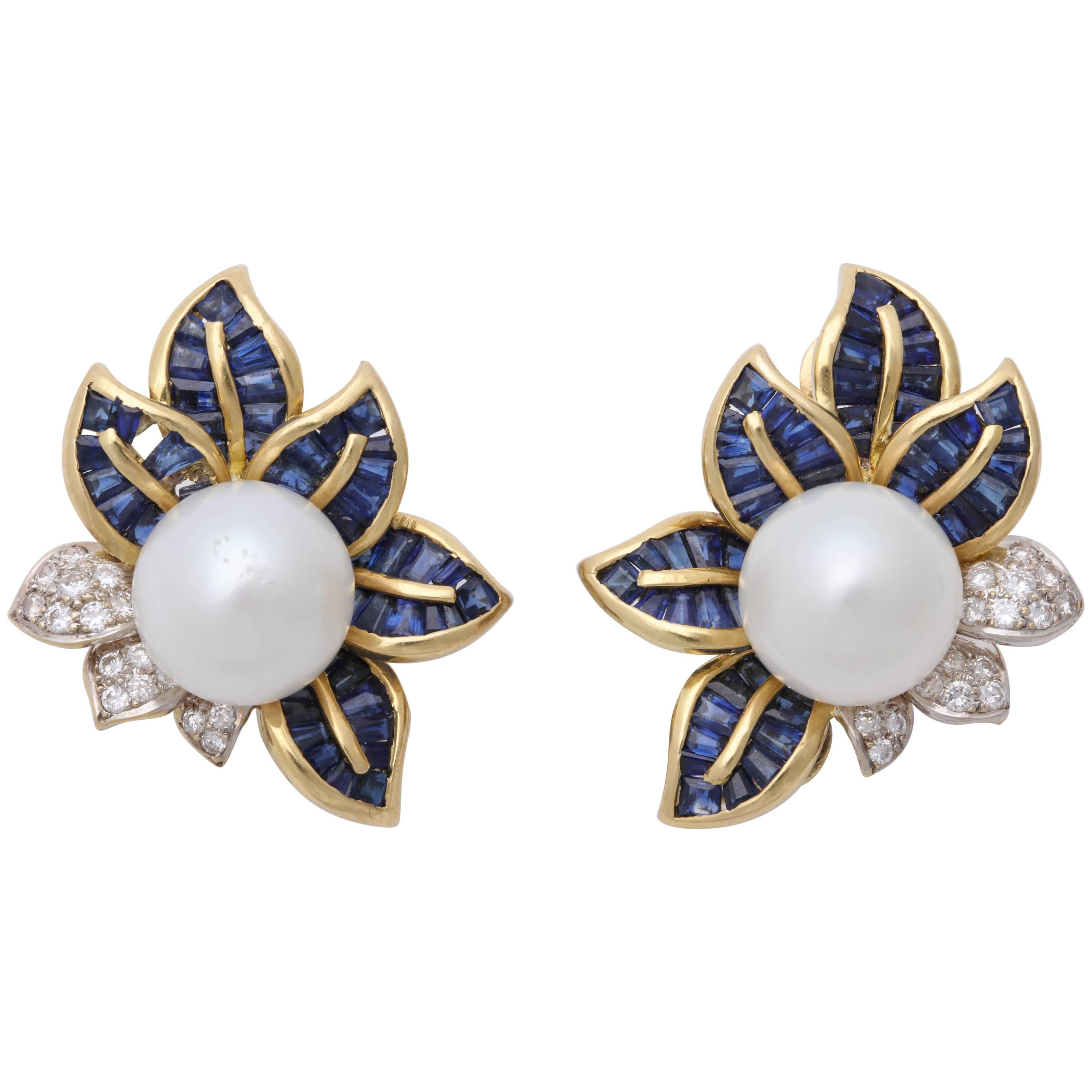 1980s Floral Leaf Large South Sea Pearl with Sapphires and Diamonds Earrings