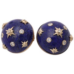 Trianon 1980s Lapis Lazuli with Diamonds Gold Ball Sphere Earrings with Clips