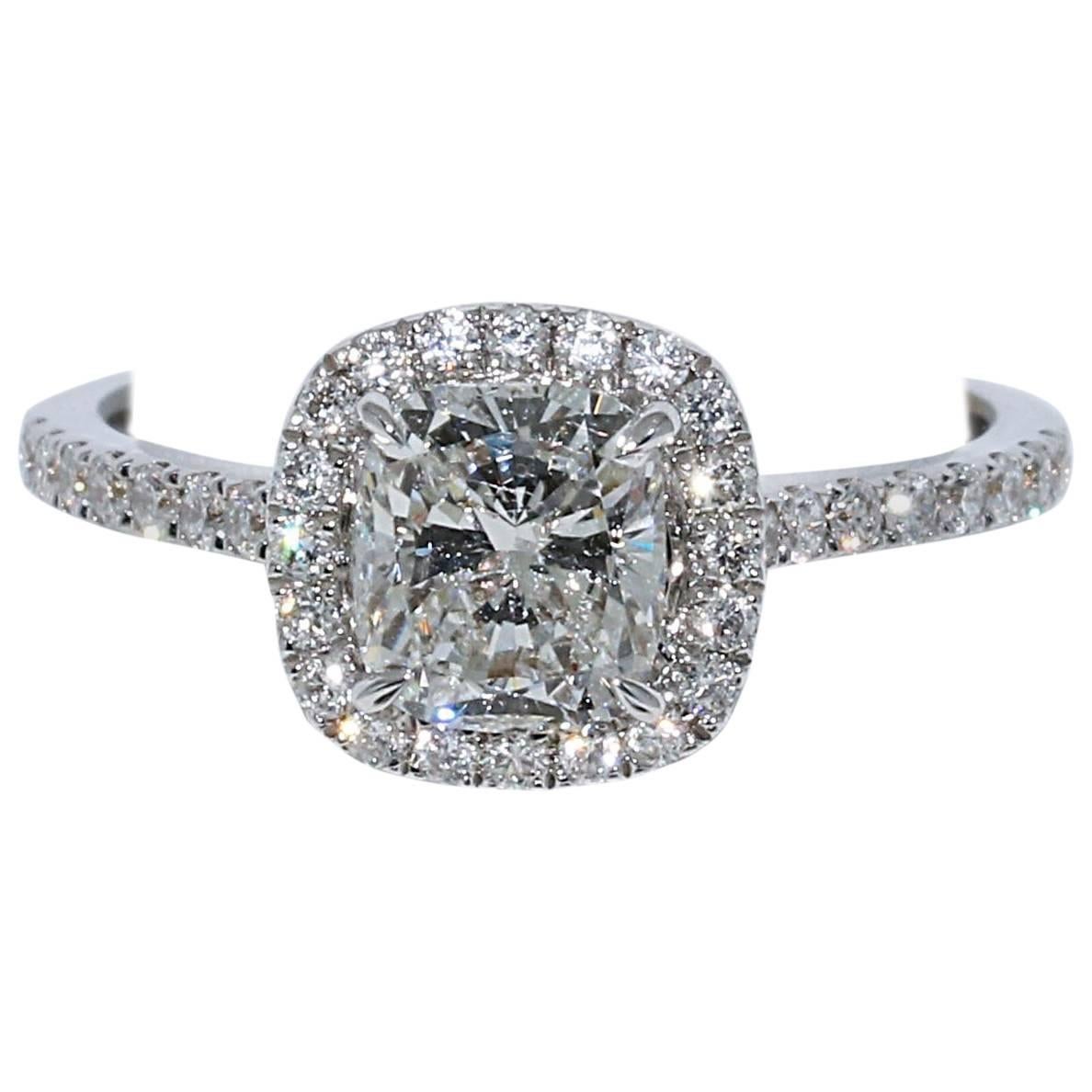 GIA Certified 1.21 Carat Cushion Cut Diamond Halo Engagement Ring