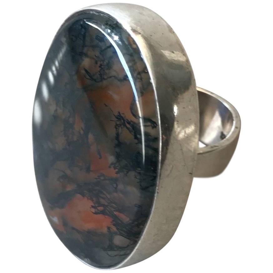 Hans Hansen Modernist Sterling Silver and Moss Agate Ring(Size 6) For Sale