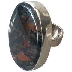 Vintage Hans Hansen Modernist Sterling Silver and Moss Agate Ring(Size 6)