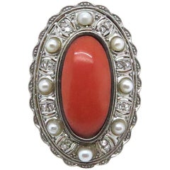 Original 1930s Coral Pearl and Diamond Cocktail Ring