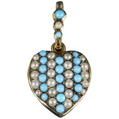 Antique Victorian Turquoise Pearl Heart Pendant, circa 1880