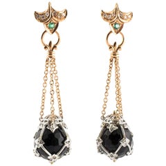 Vintage Diamonds Onyx Emeralds Rose Gold Dangling Earrings