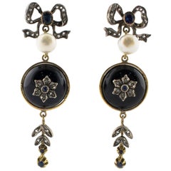 Antique Sapphire Diamonds Rose Gold and Silver Dangling Earrings