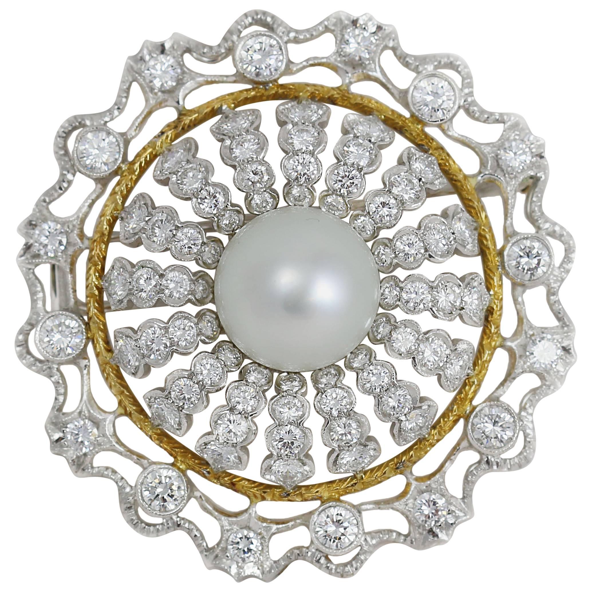 Statement-Brosche aus Weißgold mit Perlen und Diamanten im Angebot
