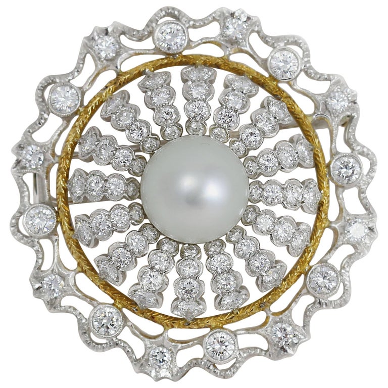Pearl and Diamond White Gold Statement Brooch For Sale at 1stDibs
