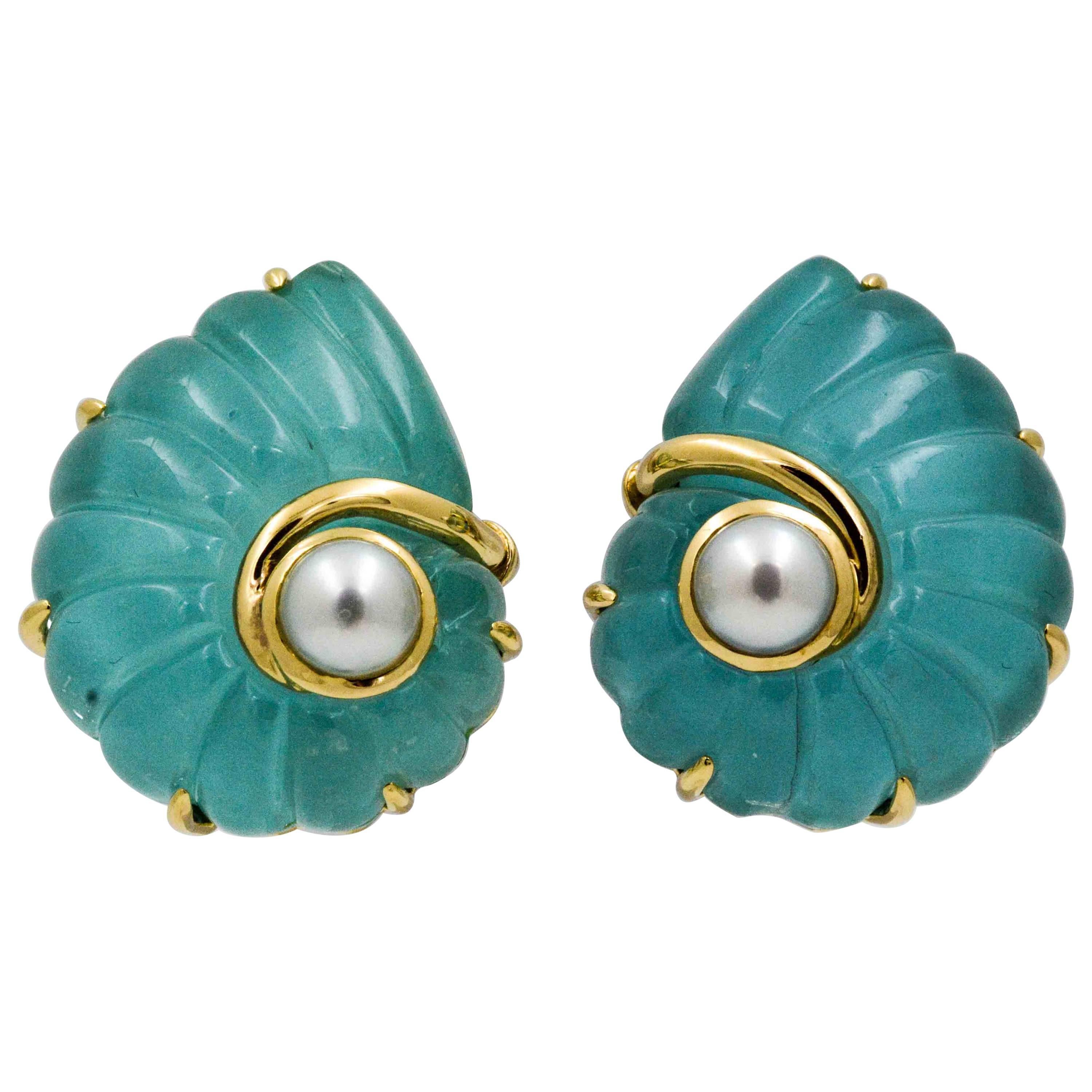 18K Yellow Gold Seaman Schepps Trianon Turquoise Crystal Pearl Earrings