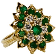 14 Karat Yellow Gold Emerald and Diamond Cocktail Ring