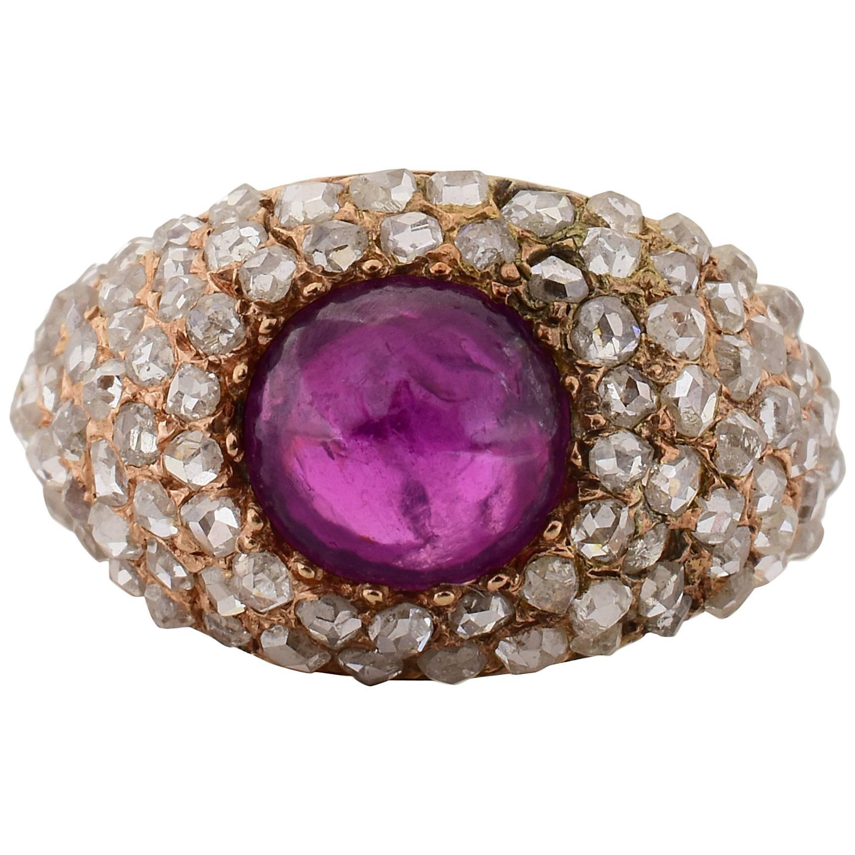 Victorian Era Cabochon Ruby Diamond Gold Ring