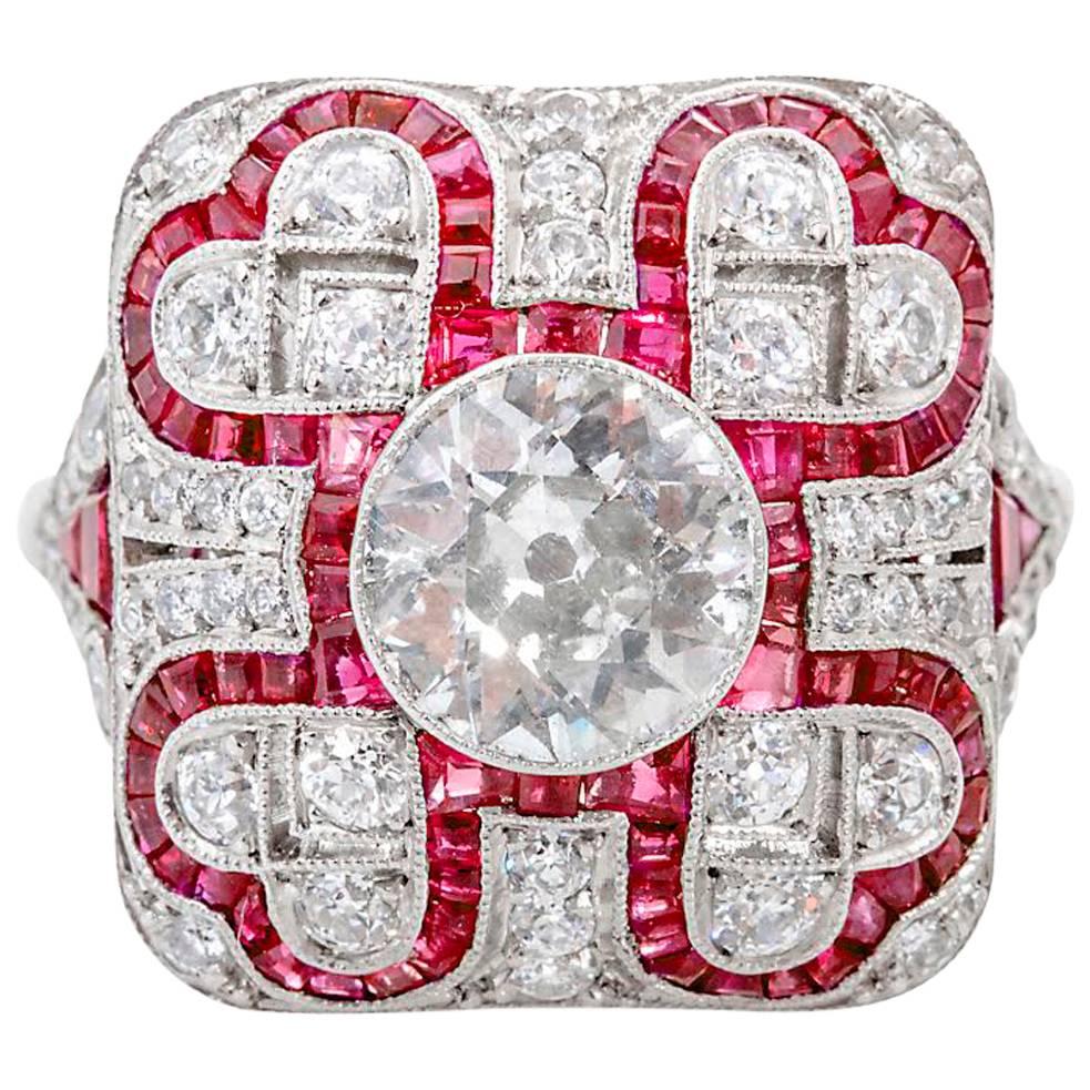 Old Cut 1.09ct Diamond and Ruby Cluster Ring For Sale