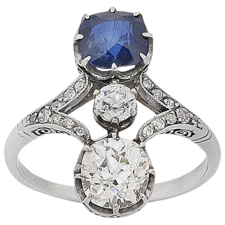 Art Deco Platinum Old Cut Diamond and Sapphire Ring For Sale