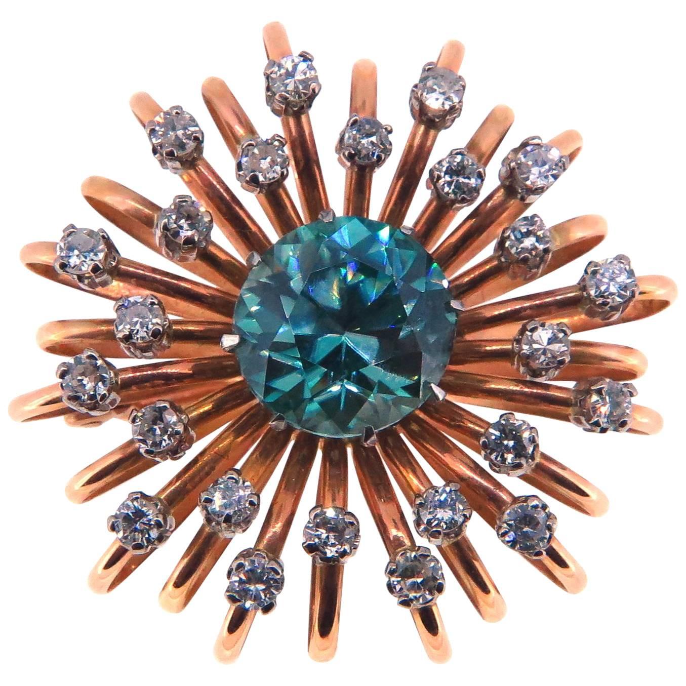 Original 1940s, 14 Carat Rose Gold Diamond and Natural Blue Zircon Brooch For Sale
