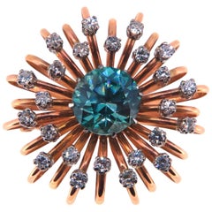 Original 1940s, 14 Carat Rose Gold Diamond and Natural Blue Zircon Brooch