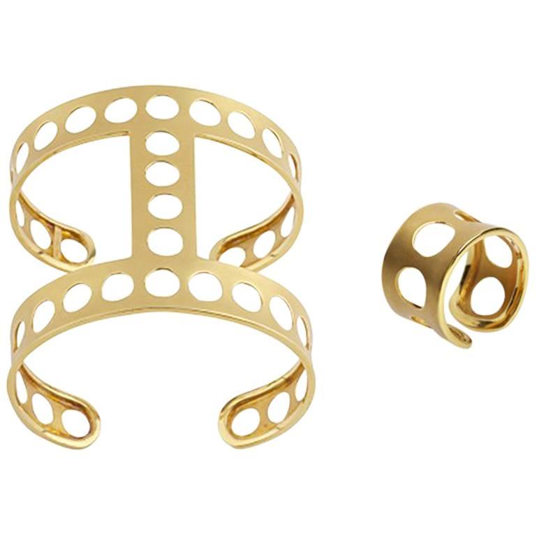 Youmna Fine Jewellery 18K Yellow Gold Gladiator Perforated Cuff and Ring Suite For Sale