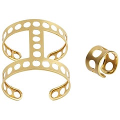Youmna Fine Jewellery 18K Yellow Gold Gladiator Perforated Cuff and Ring Suite