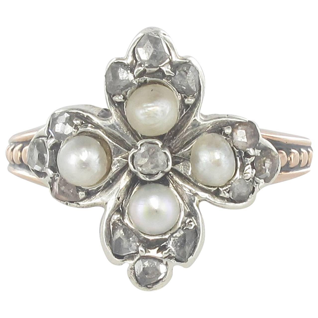 19th Century Antique Clover Shape Natural Pearl Diamonds Ring
