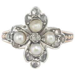 19th Century Antique Clover Shape Natural Pearl Diamonds Ring