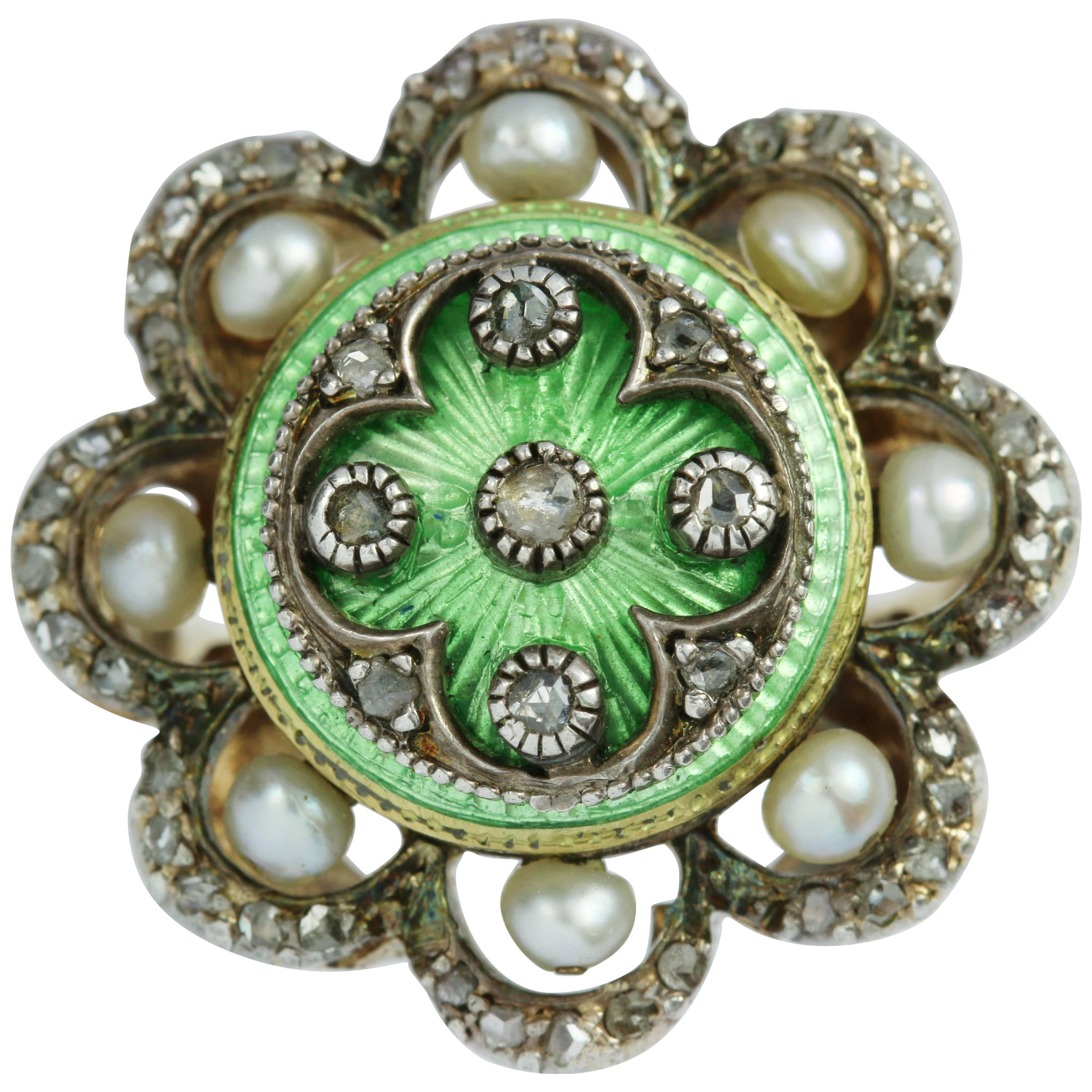Victorian Green Enamel, Pearl and Diamond Engraved Yellow Gold Ring