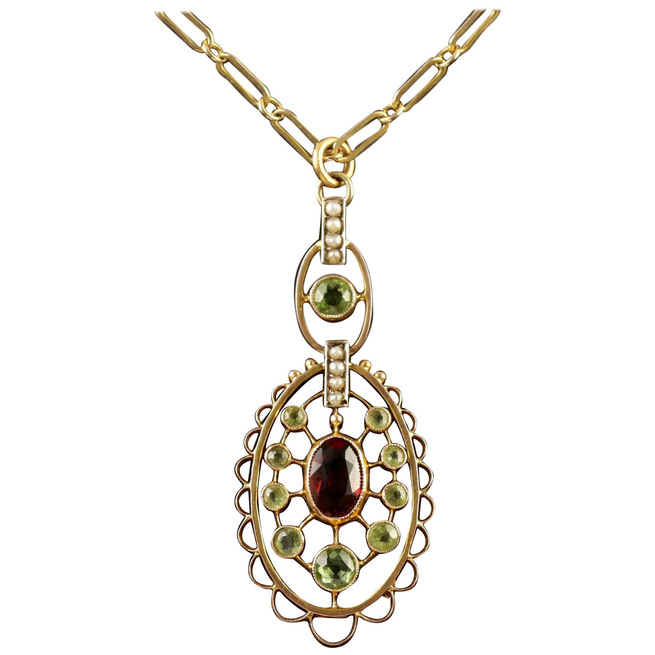 Antique Victorian 9 Carat Gold Suffragette Garnet Necklace, circa 1900