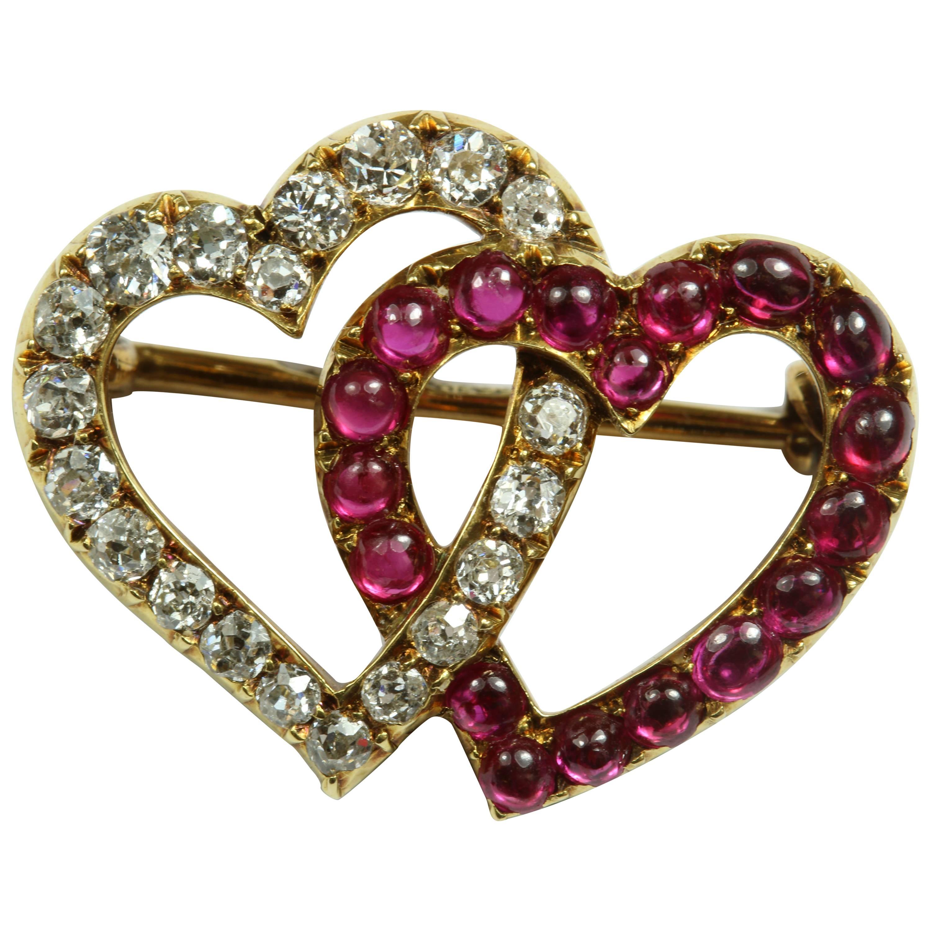 Burmese Ruby and Diamond in 14 Karat Yellow Gold Russian Double Heart Brooch