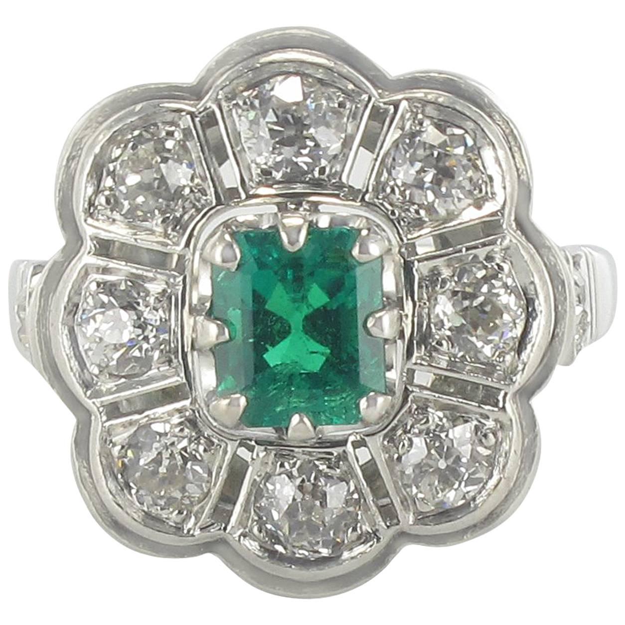 French Retro 1960s Emerald Diamond White Gold Cluster Ring 