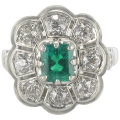 French Retro 1960s Emerald Diamond White Gold Cluster Ring 