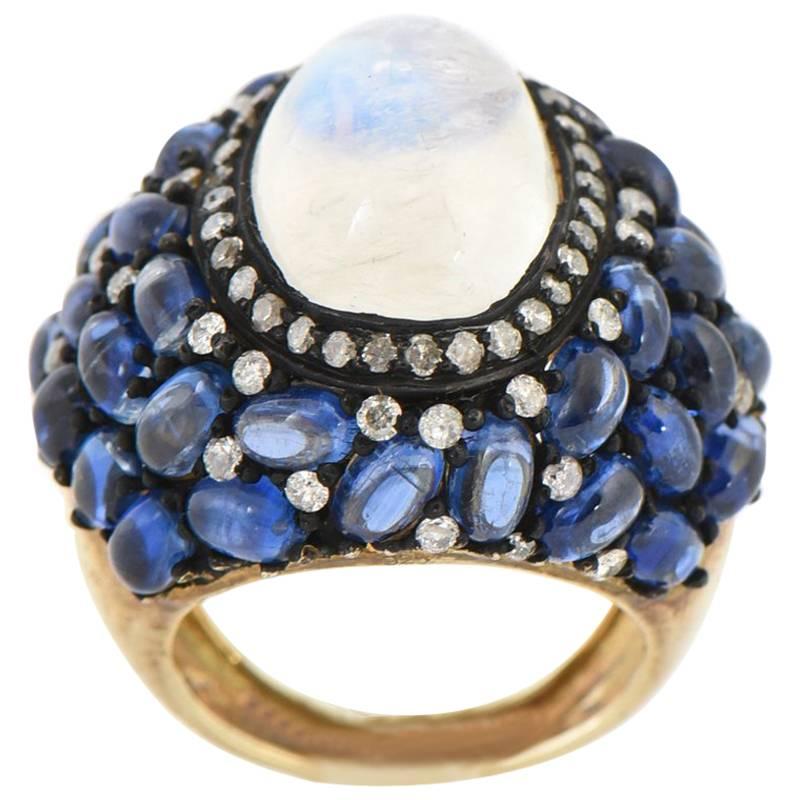 Moonstone, Kyanite and Diamond Cocktail Ring For Sale