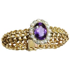 Antique Amethyst, Pearl and Diamond 18 Karat Yellow Gold Bracelet