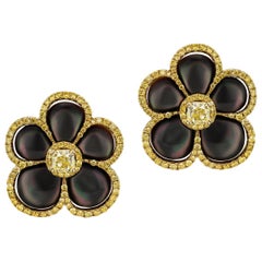 Scarselli Yellow Diamond and Mother of Pearl Flower Earrings in Yellow Gold