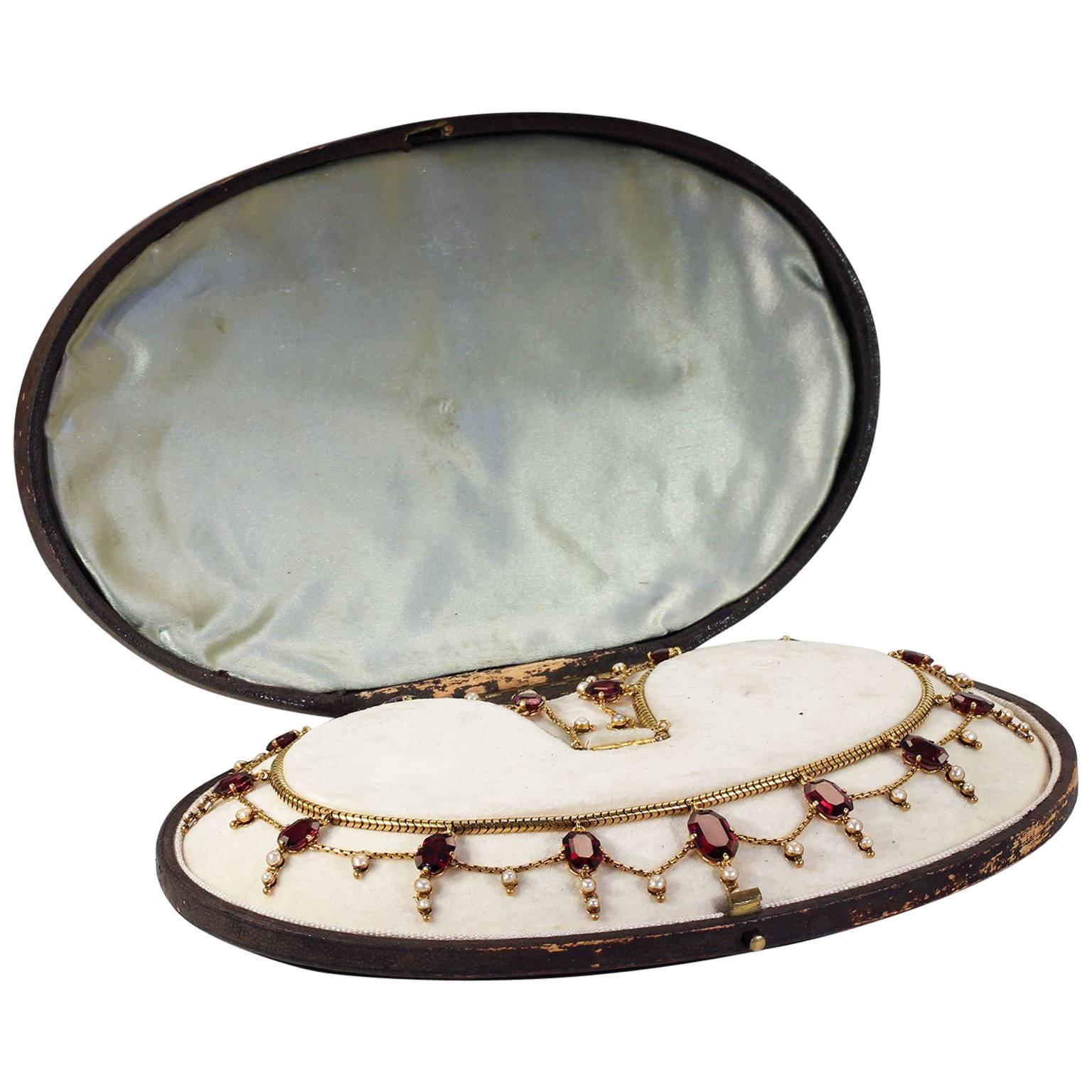 Victorian Garnet Pearl Festoon Necklace in Original Box For Sale