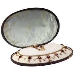 Antique Victorian Garnet Pearl Festoon Necklace in Original Box