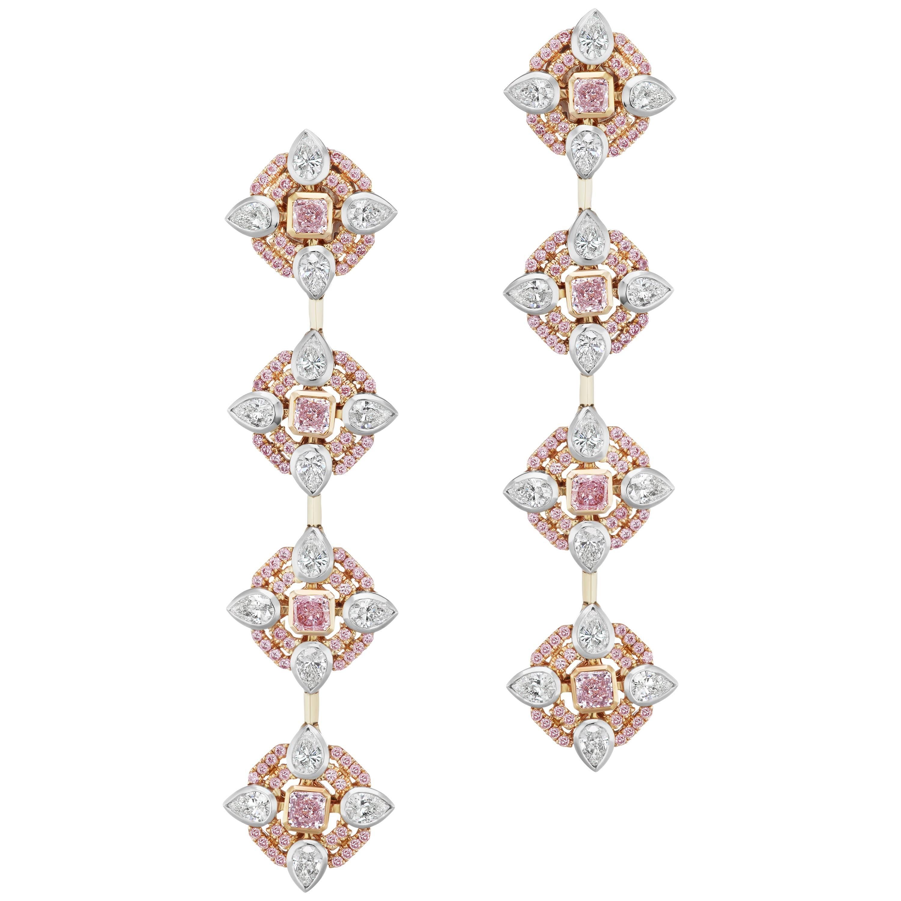 Scarselli Long Pink Diamond and White Diamond Dangle Earrings in 18 Karat Gold For Sale