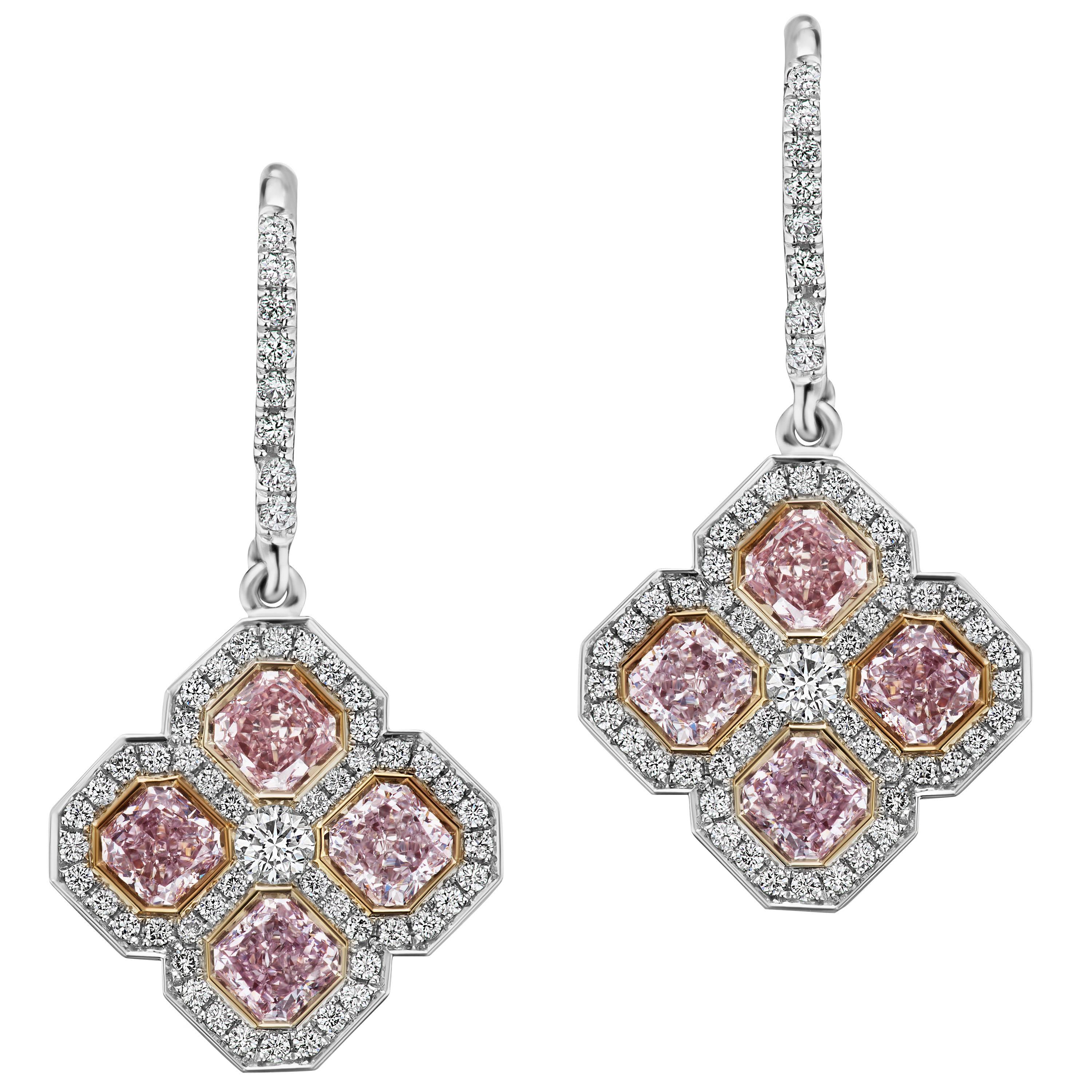 Fancy Pink Diamond and White Diamond Drop Earrings in Platinum