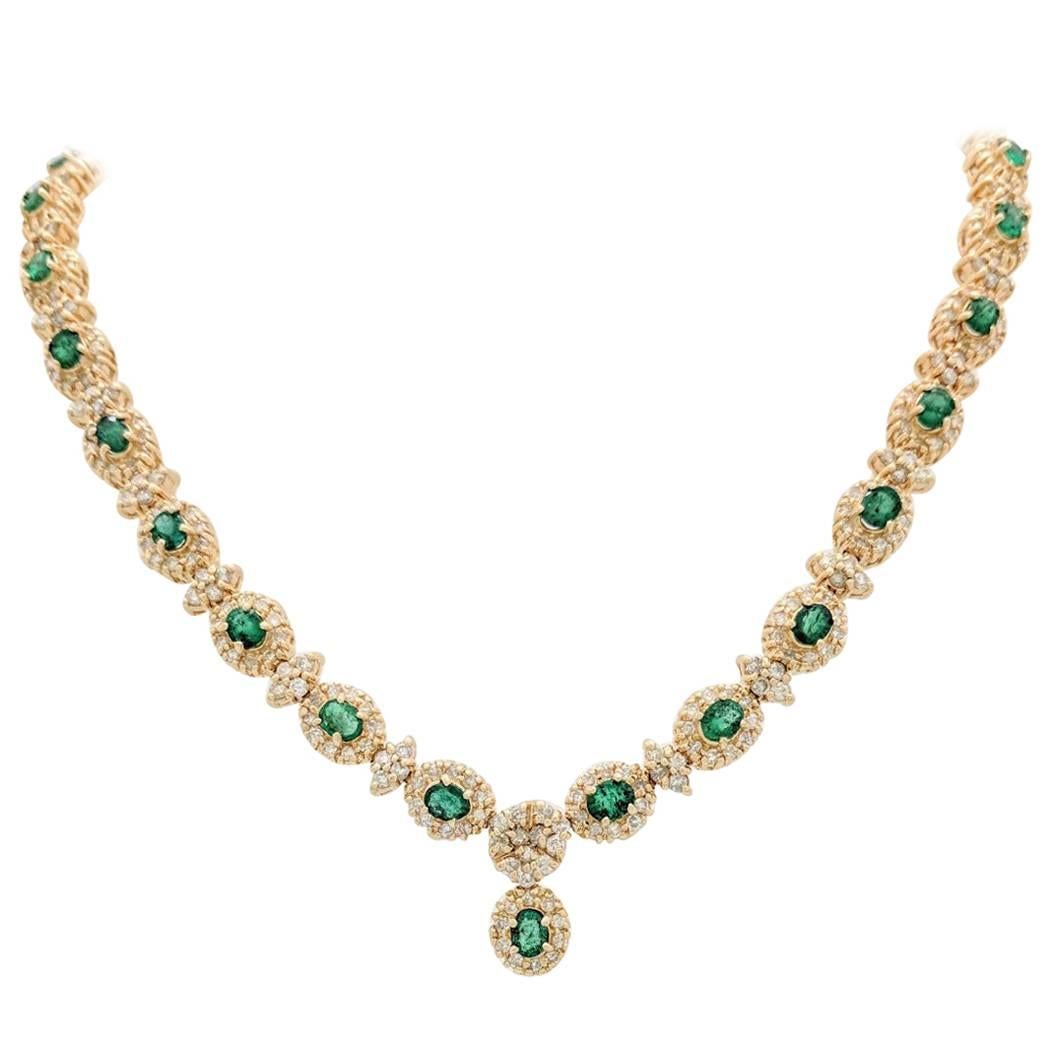 14 Karat Gold 16.72 Carat Emerald and Diamond Tennis Necklace 54.8 Grams For Sale