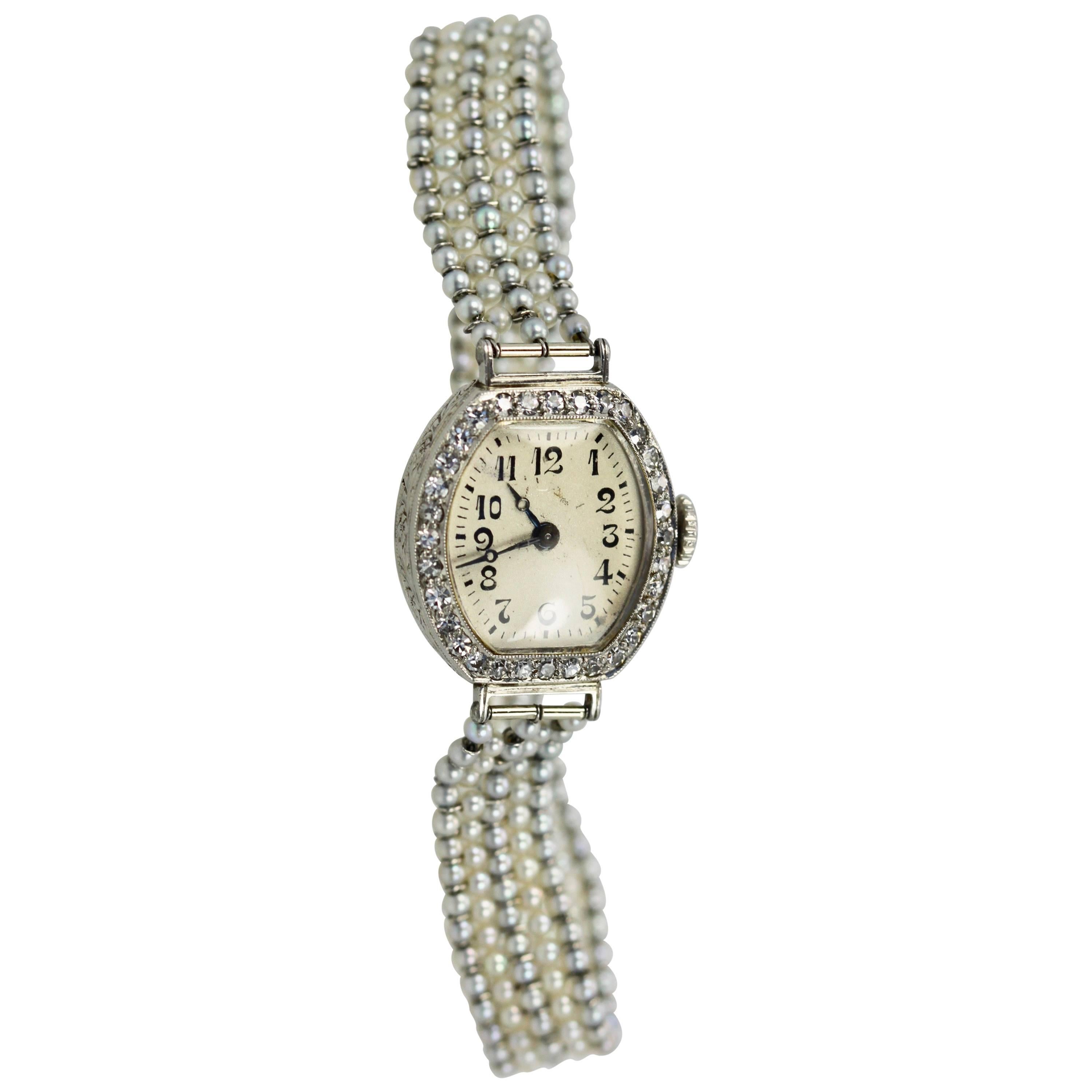 Ladies Platinum Diamond Seed Pearl Wristwatch