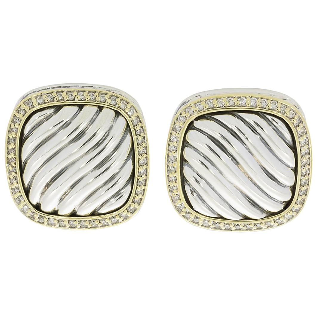 David Yurman Albion Pave Diamond Silver and Gold Square Earrings