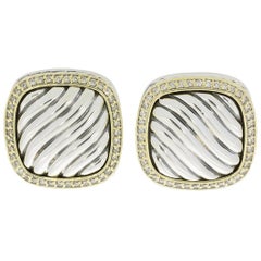 david yurman square traditional stud earrings Used David Yurman Albion Pave Diamond Silver and Gold Square Earrings