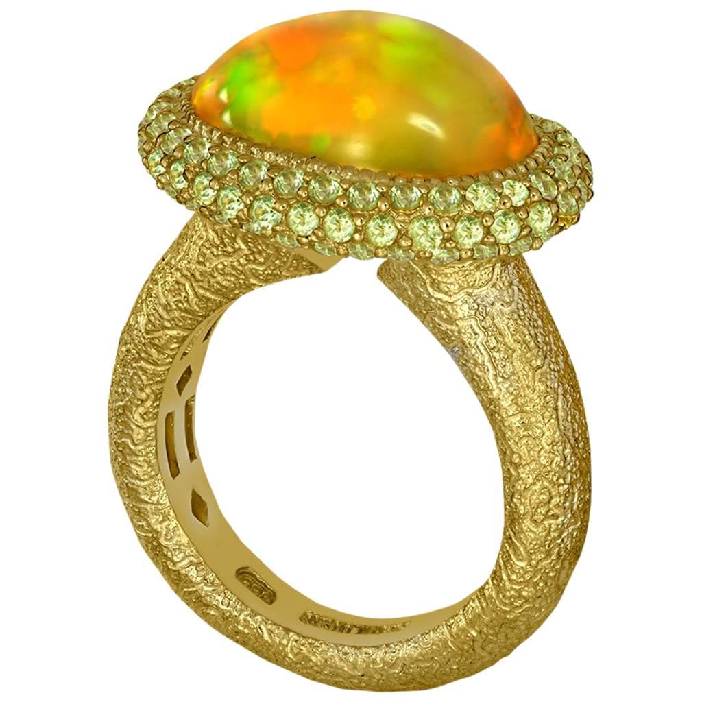 Opal Peridot Yellow Gold Textured Cocktail Ring One of a Kind