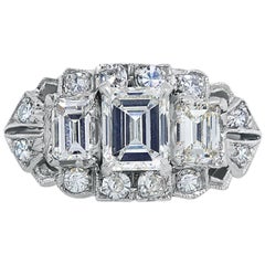 Art Deco Platinum Three Emerald Cut Diamond and Twelve Single Cut Diamond Ring