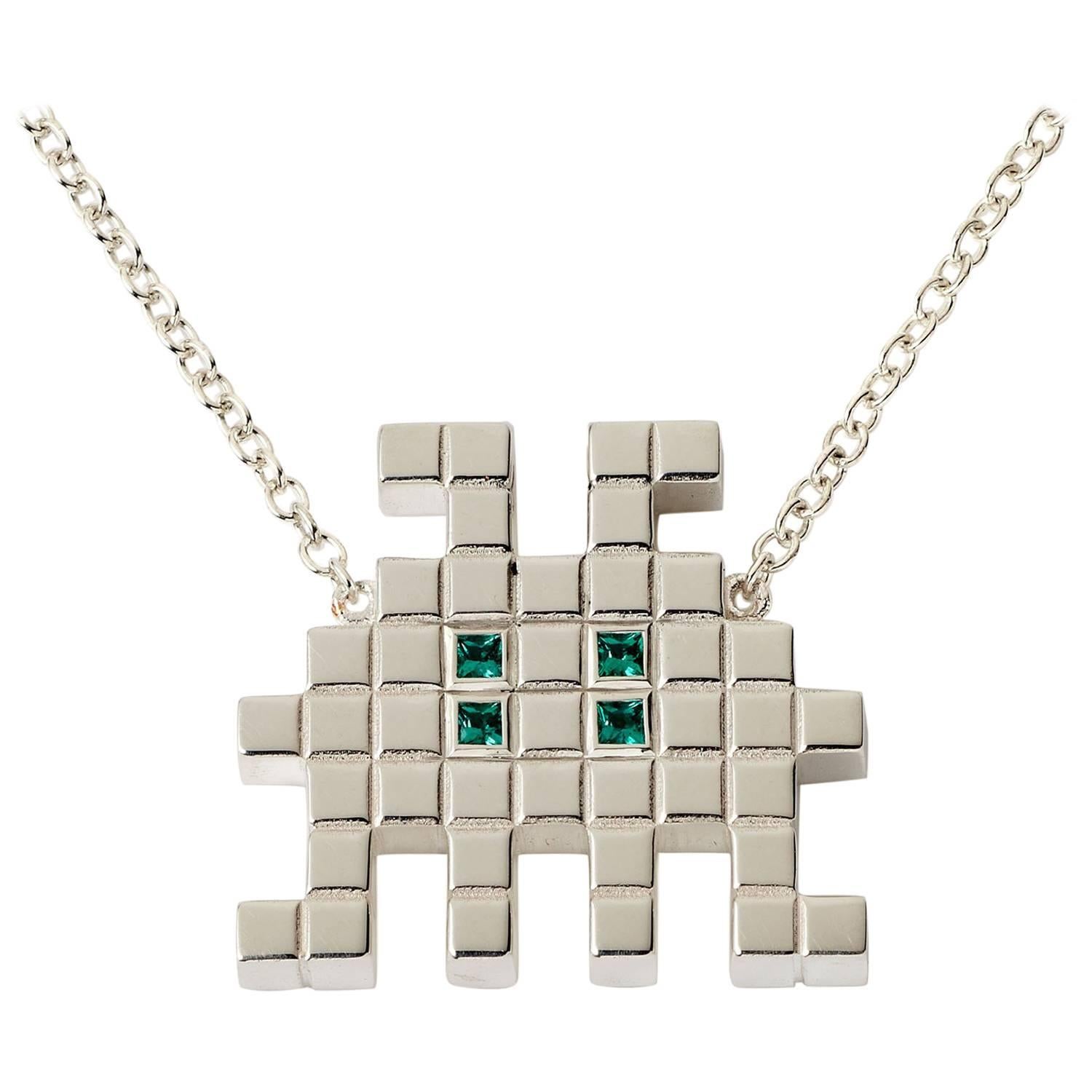 Francesca Grima Silver and Emerald Invader III Necklace For Sale