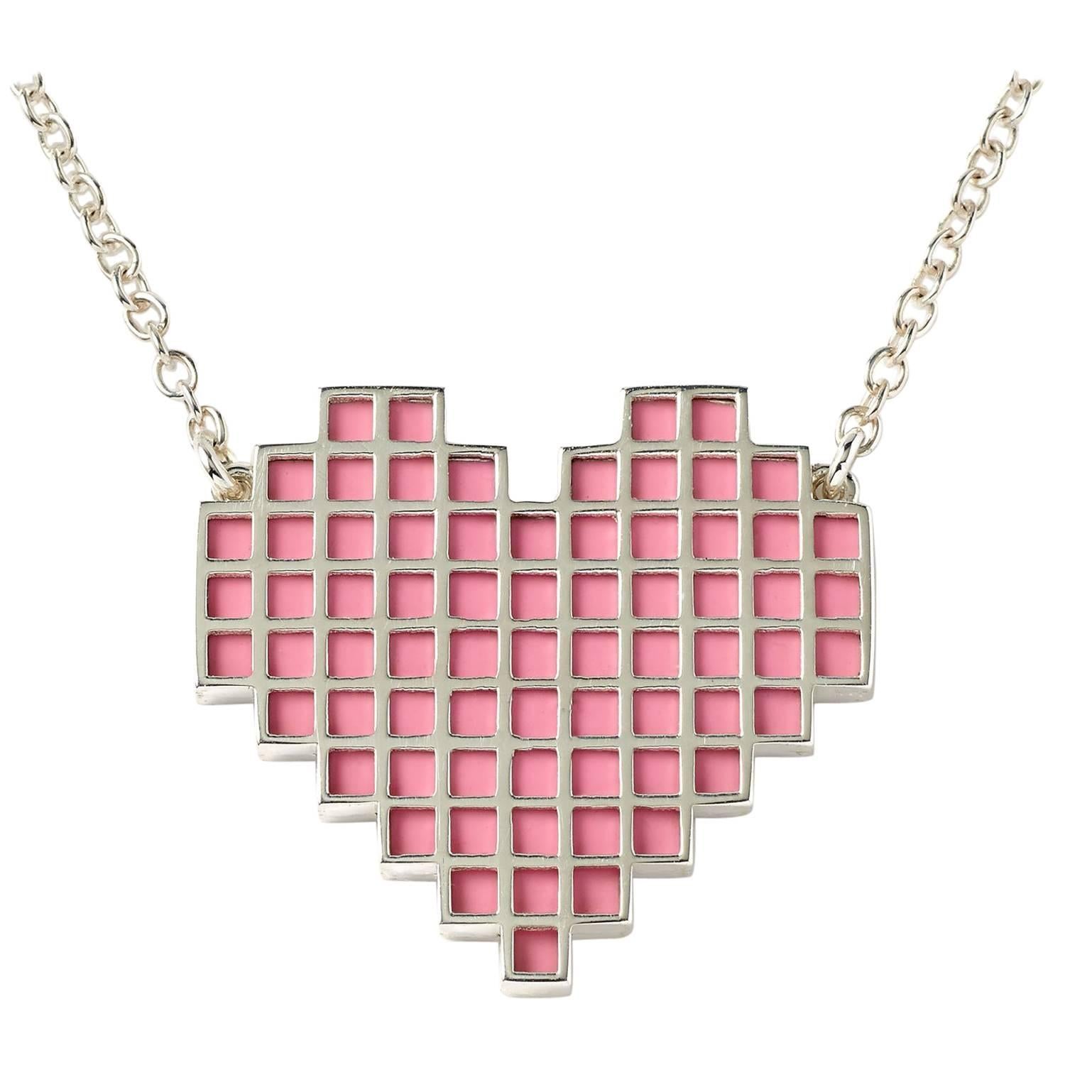 Francesca Grima Silver Reversible Pixel Heart Necklace in Bubblegum and Carbon For Sale