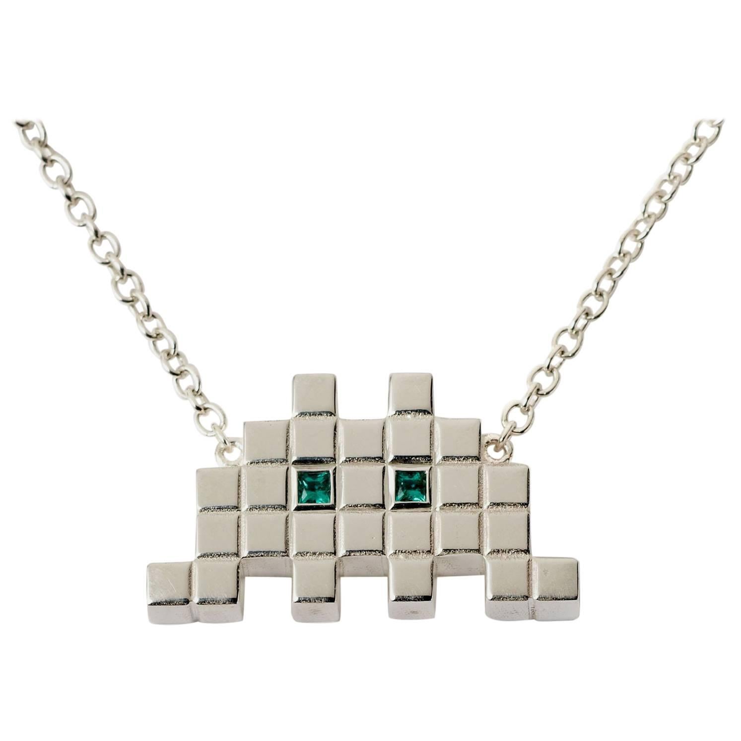 Francesca Grima Silver and Emerald Invader I Necklace For Sale