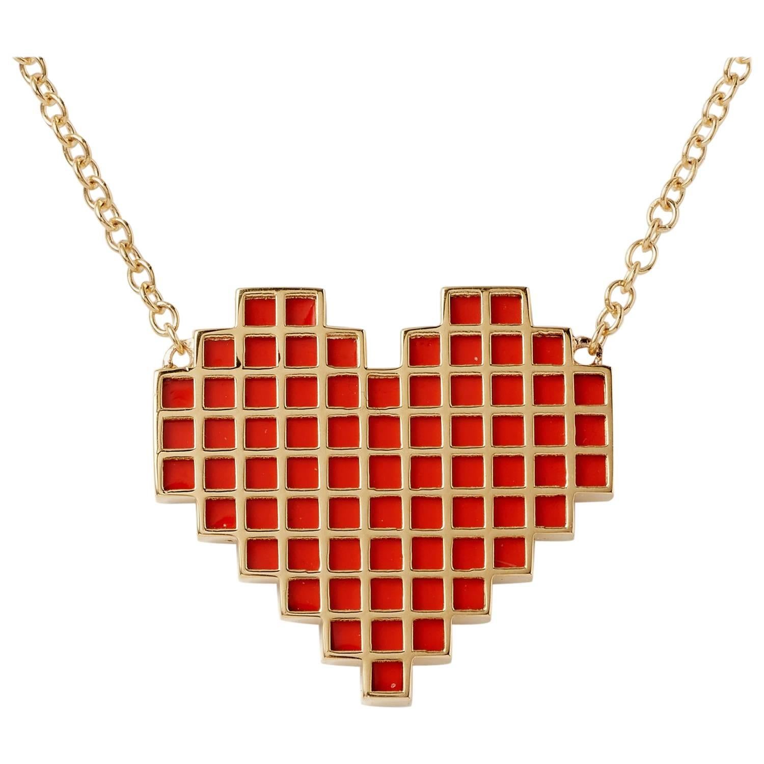 Francesca Grima Yellow Gold and Enamel Reversible Pixel Heart Necklace For Sale