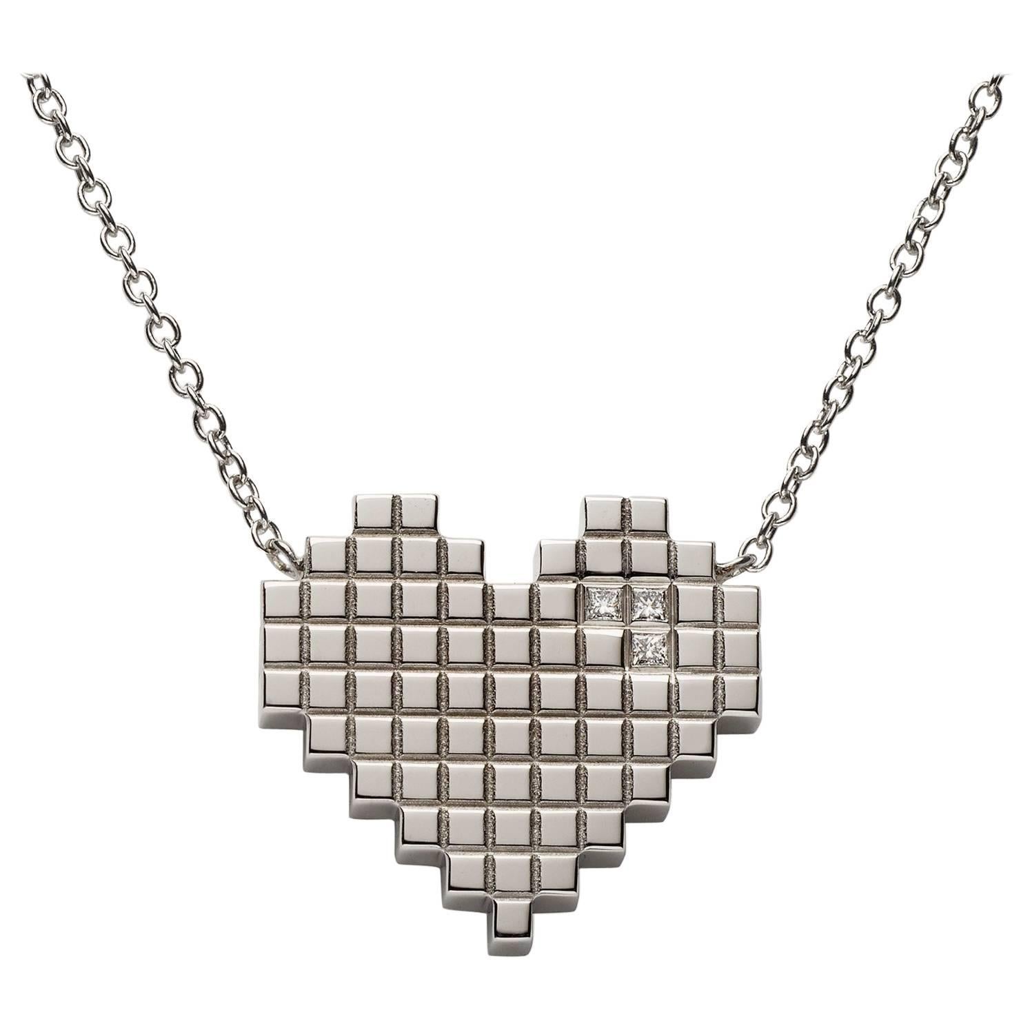 Francesca Grima Diamond White Gold Pixel Heart Necklace For Sale