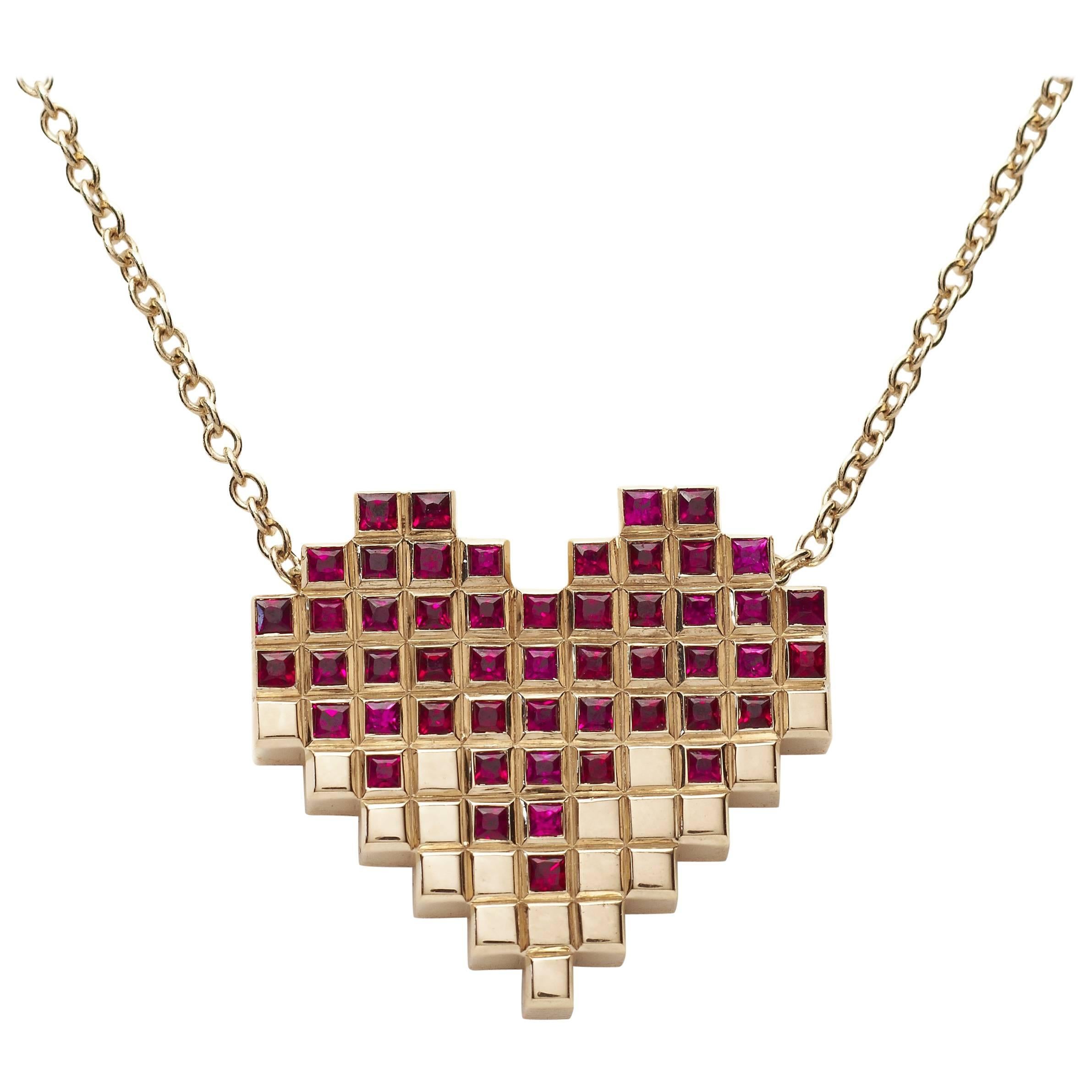 Francesca Grima Yellow Gold and Ruby Pixel Heart Necklace For Sale